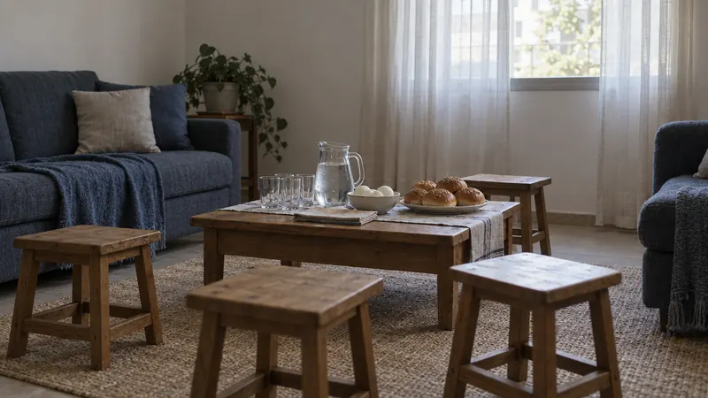 סלון בית אבל עם שרפרפים נמוכים, קנקן מים ומגש מאפים