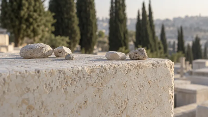 אבנים קטנות מונחות על מצבה בבית עלמין, ברקע ברושים